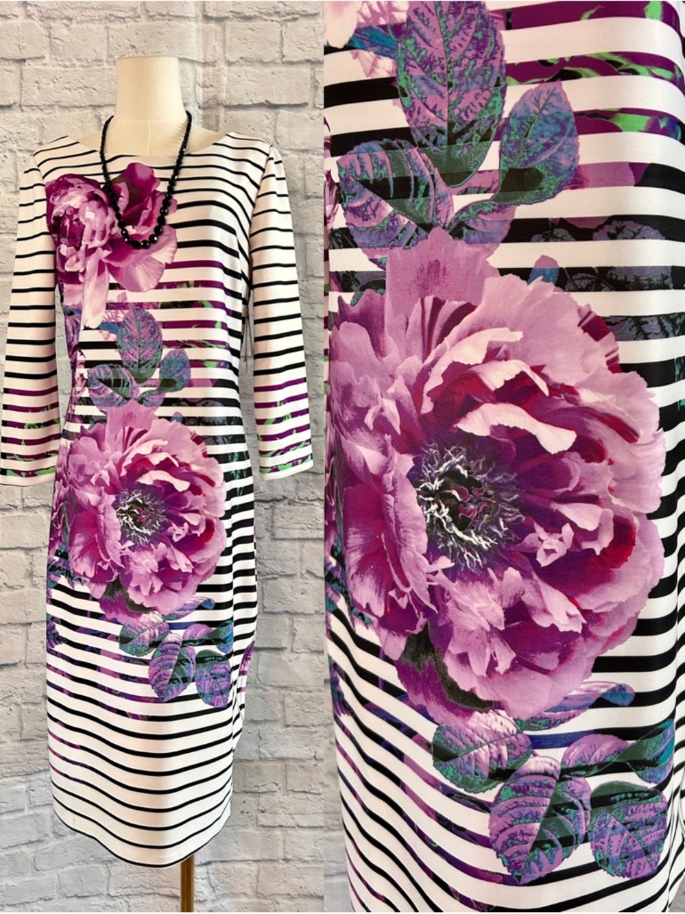 Beige by eci Black White Dress Striped Floral Midi Spring Maximalist Office